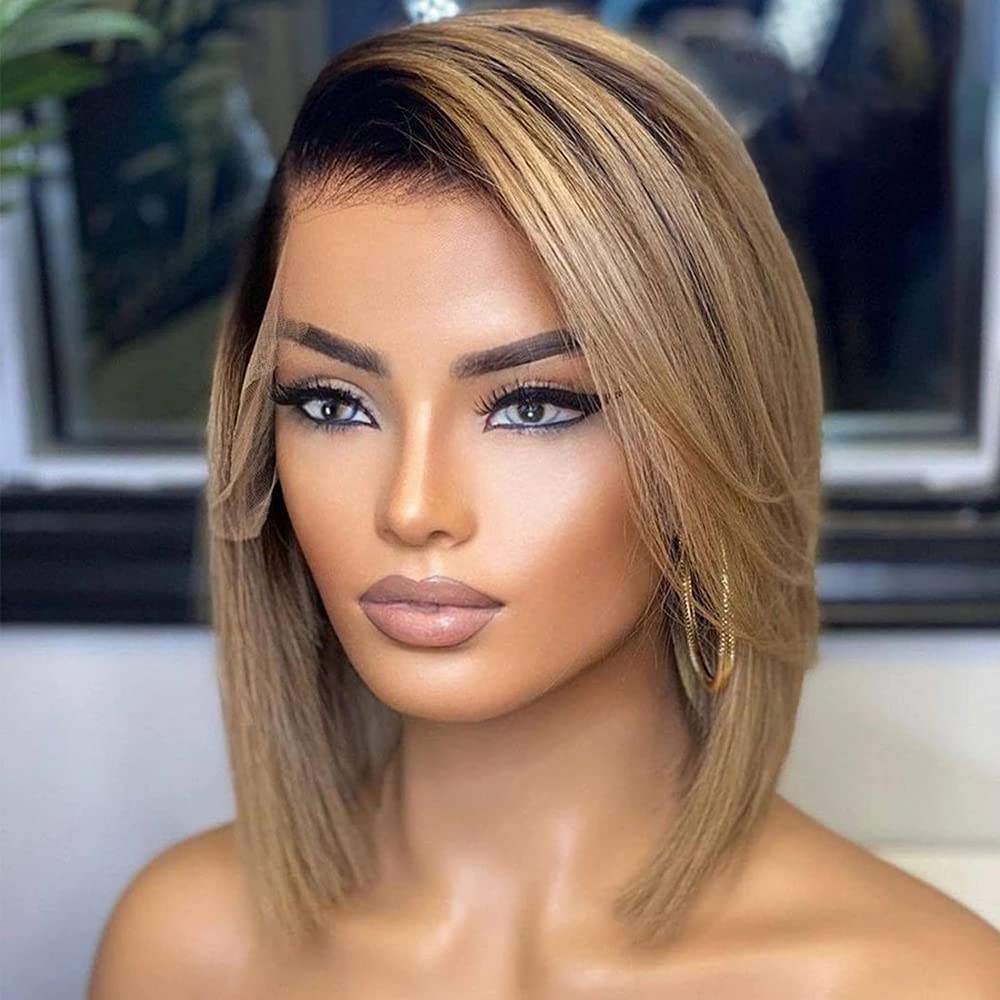 HD Lace Front Bone Straight 1B/gray Color Short Wig Bob